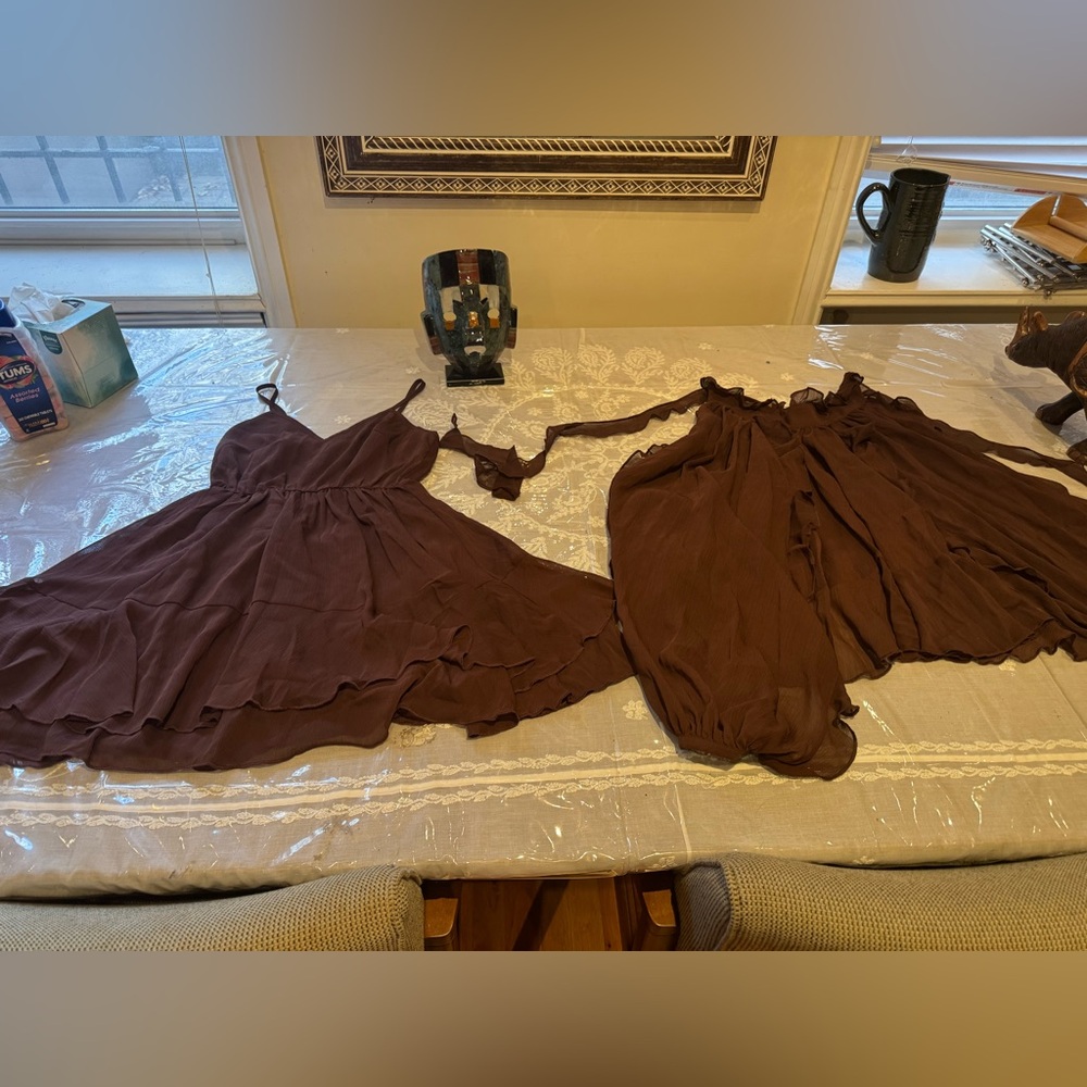 ❤️ Two Piece Elegant Brown Tiered Ruffled Chiffon Mini Dress Set with Liner - Picture 7 of 12